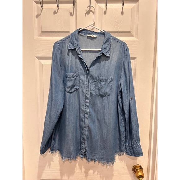 beachlunchlounge Tops - Beachlunchlounge Blue Lyocell Denim Shirt Frayed Hem Roll Tab Sleeve Womens L